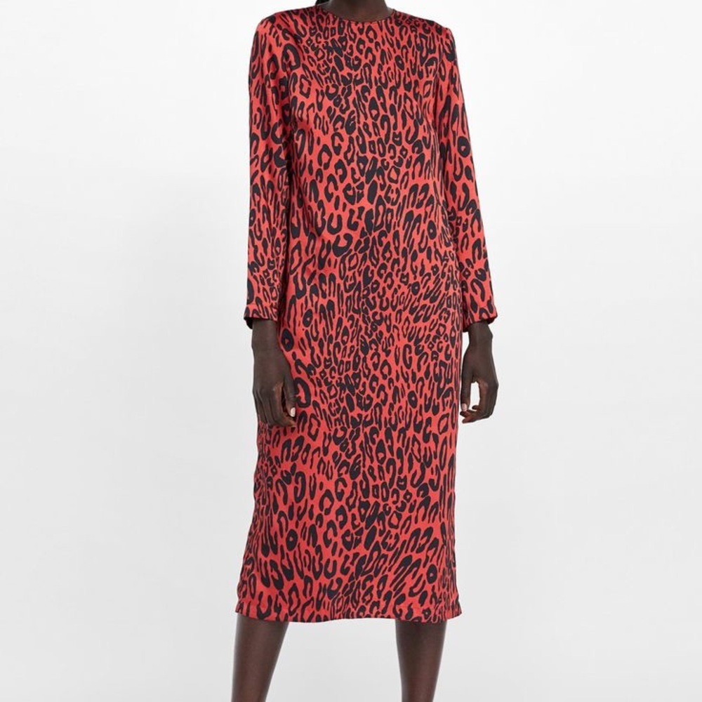Zara Red Animal Print Long Sleeve Dress